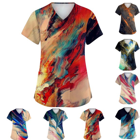 Scrub Tops Women Plus Size Wrinkle-Resist Nursing Uniform Trendy V-Neck Gradient Print Side Slits Scrub Tops Breathable Short Sleeve Tees Blouse with Pockets Orange M