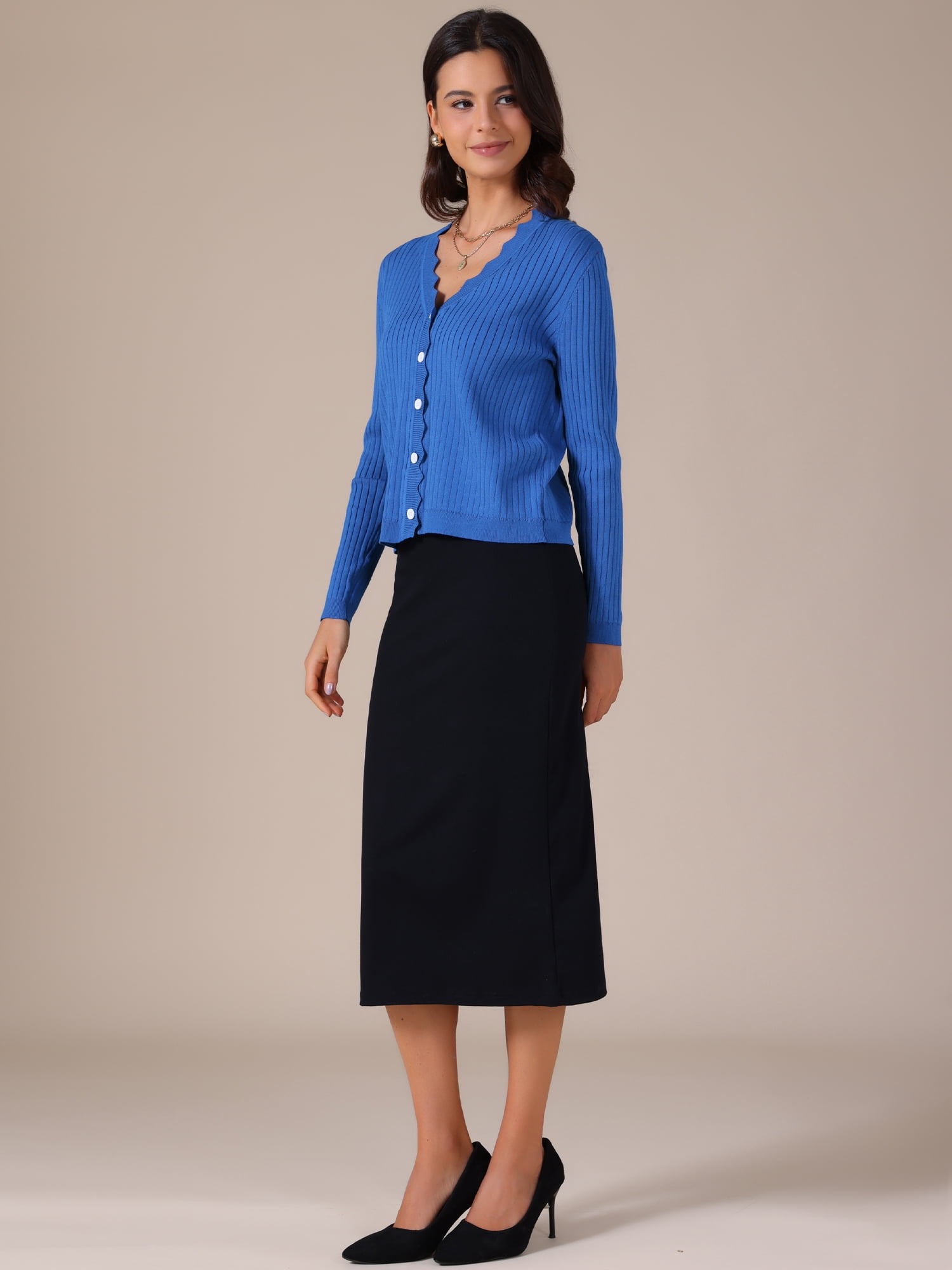 DARING DIVA Women's Open Front Long Sleeve Button Down Knit Cardigan M Royal Blue