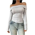 thumbnail image 2 of Qulqfy Petite Long Sleeve Tops for Women Gray Going Out Off the Shoulder Blouses Fitted Casual Shirts for Women, 2 of 8