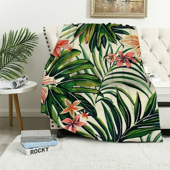 JRXY Tropical Palm Leaves All Season Bed Blanket Nature Theme Floral Flower Leaf Pattern Flannel Throw Blanket for Sofa Couch Botanical Leaf Green Fuzzy Blanket White