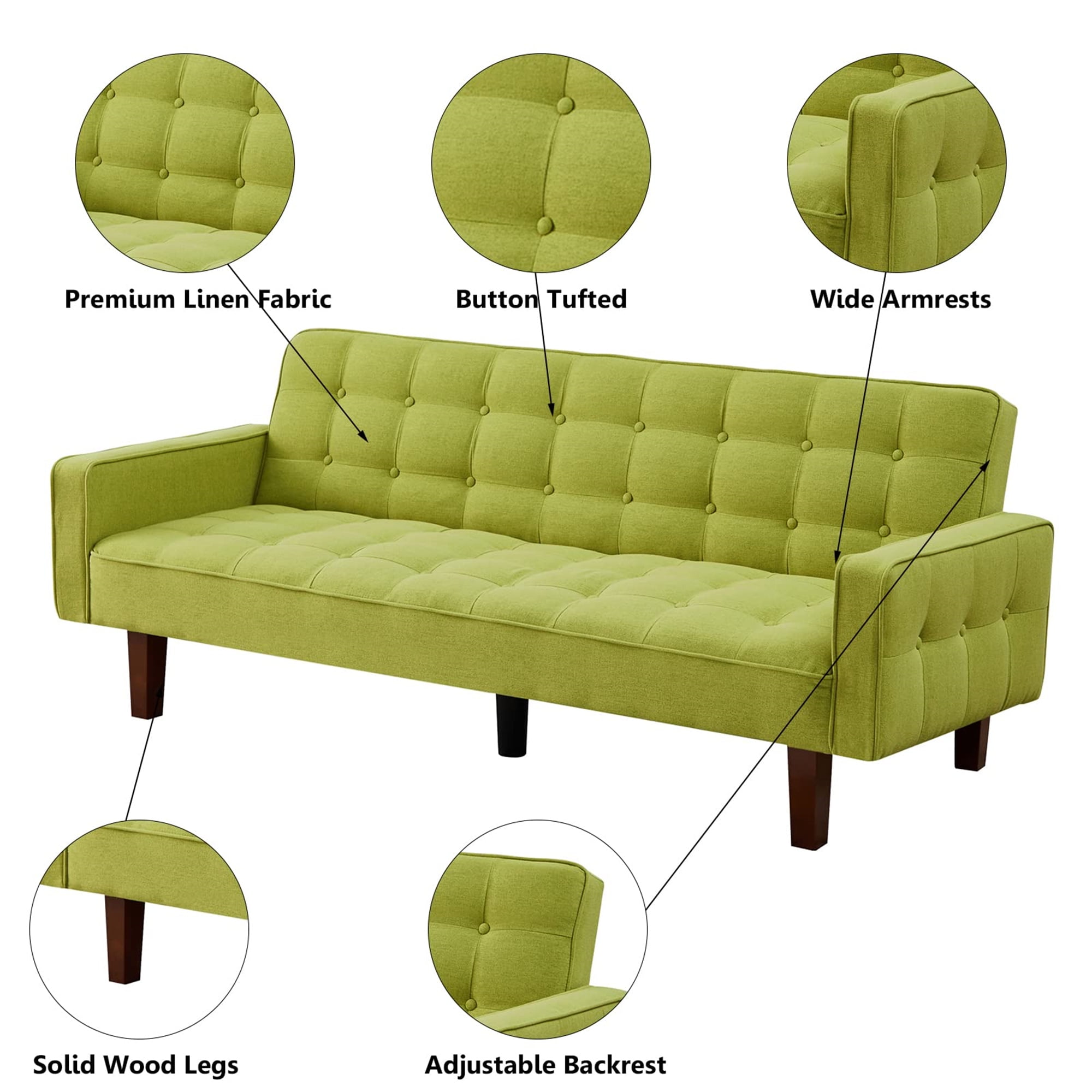 Aukfa 74" Square Arm Futon Convertible Sofa Bed for Home Office, Button-Tufted Back, Light Green