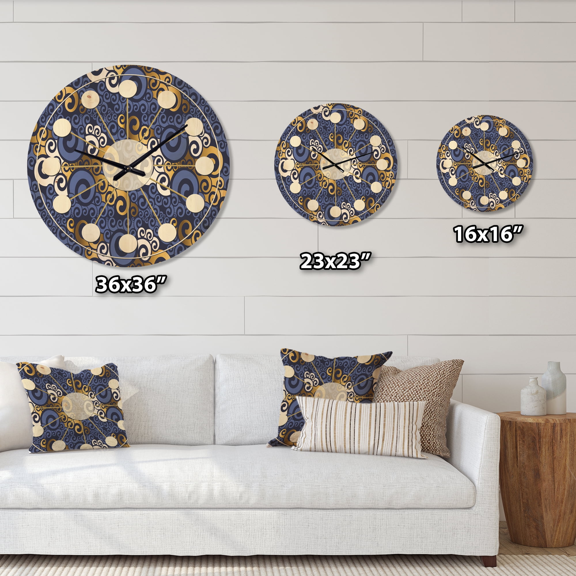 Designart 'Retro Luxury Waves In Blue and Gold III' Mid-Century Modern Wood Wall Clock