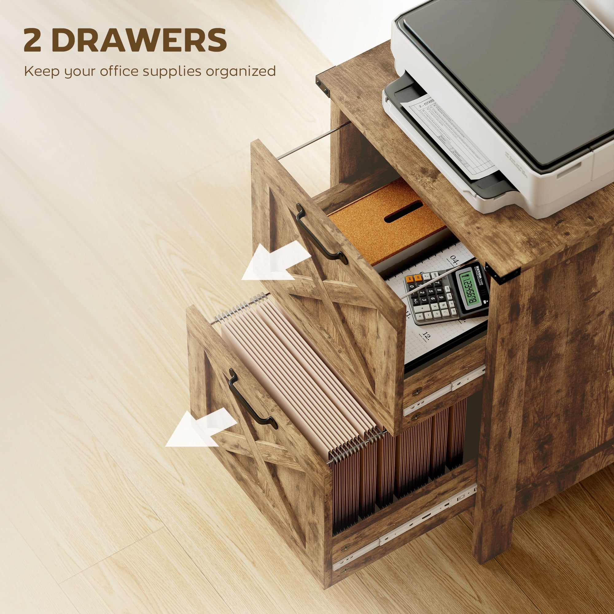HOMCOM 2 Drawer Vertical File Cabinet with Silent Slides, Farmhouse Filing Cabinet with Barn Doors for A4/Letter Size, Printer Stand, Rustic Brown
