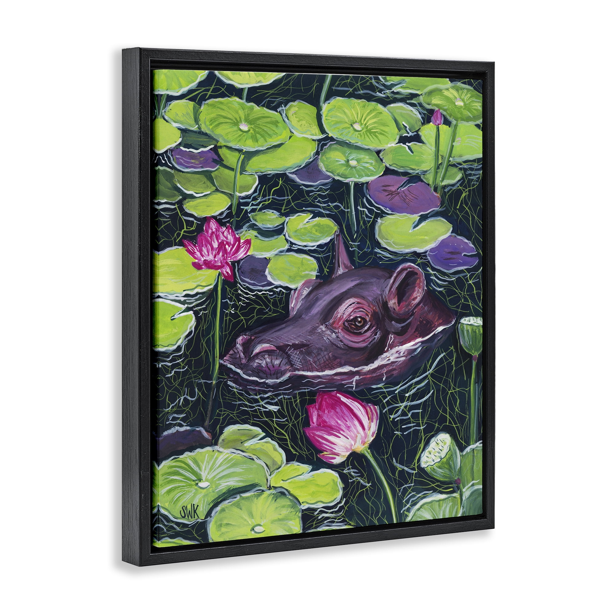 Stupell Industries Hippo & Blossoms Pond Black Framed Floater Canvas Wall Art, design by Sarah Waldron Kimball