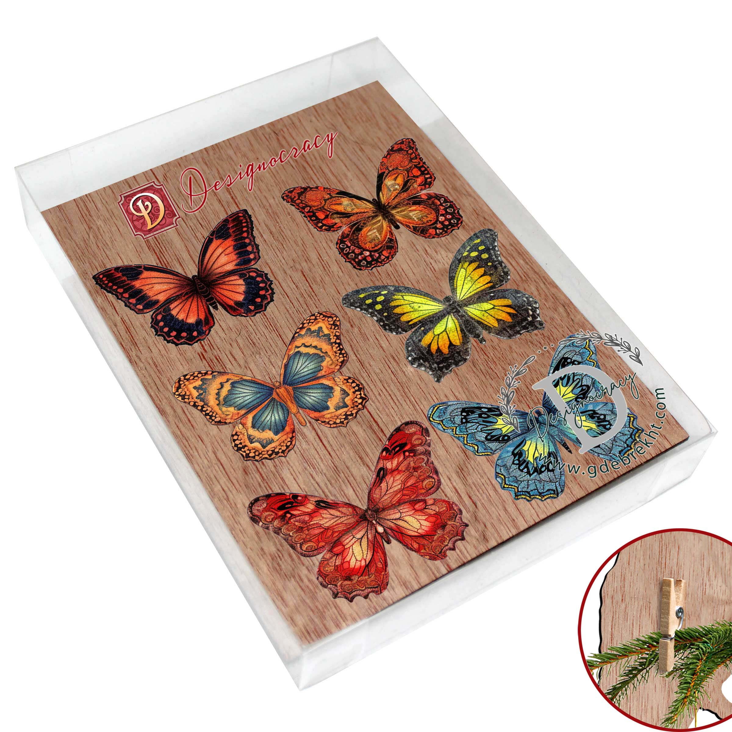 Summer Butterfly Decorative Wooden Clip-on Ornaments of 6 by G. Debrekht - Christmas Decor - 8090012-2C-S6