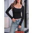 thumbnail image 6 of Women'S Long Sleeve Basic Tops Square Neck Ribbed Knit Color Block Shirts Fitted Black L, 6 of 9