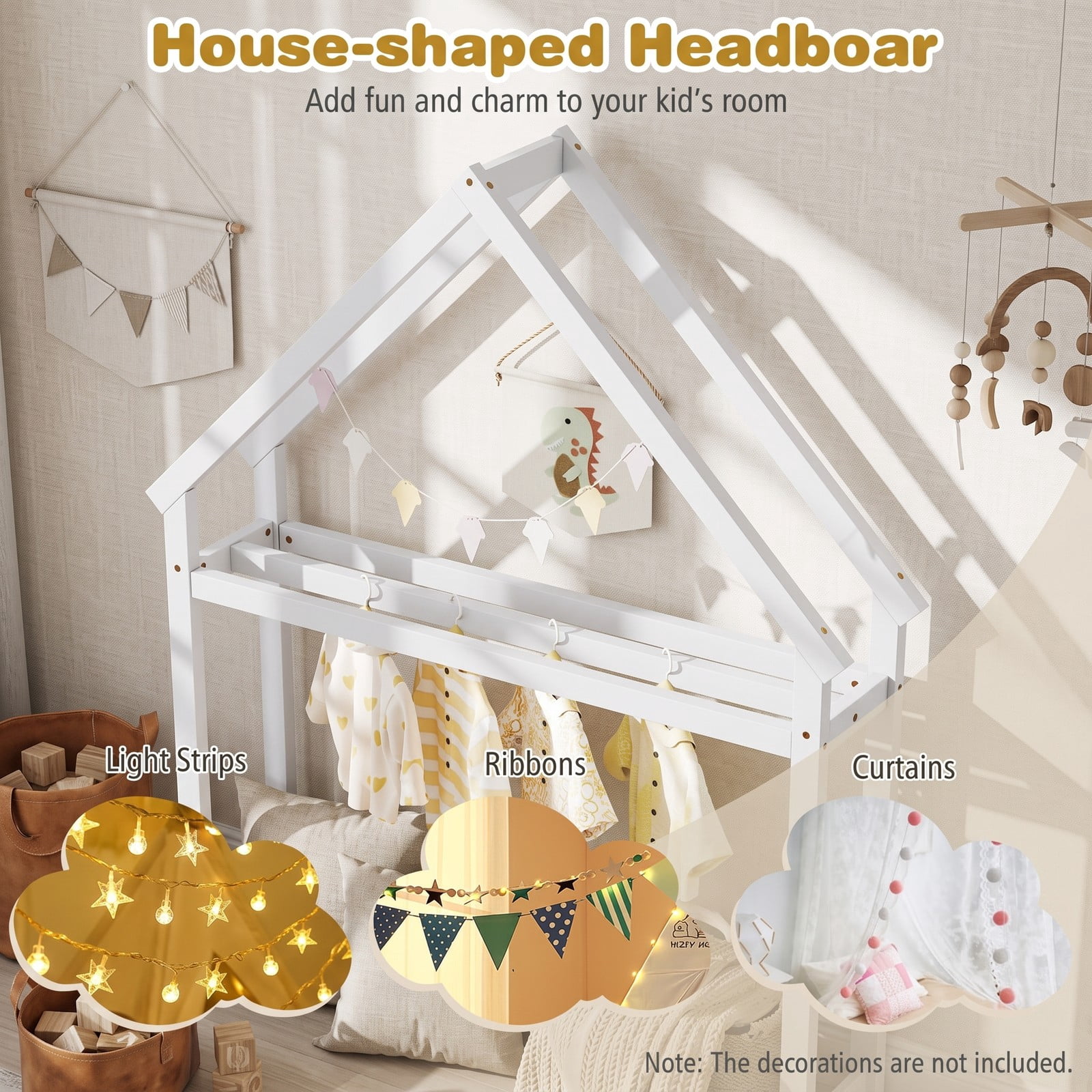 Furnibear Full Size House Floor Bed with House-Shaped Frame and Full-Length Fence Guardrails, Montessori Floor Bed for Kids Room, White