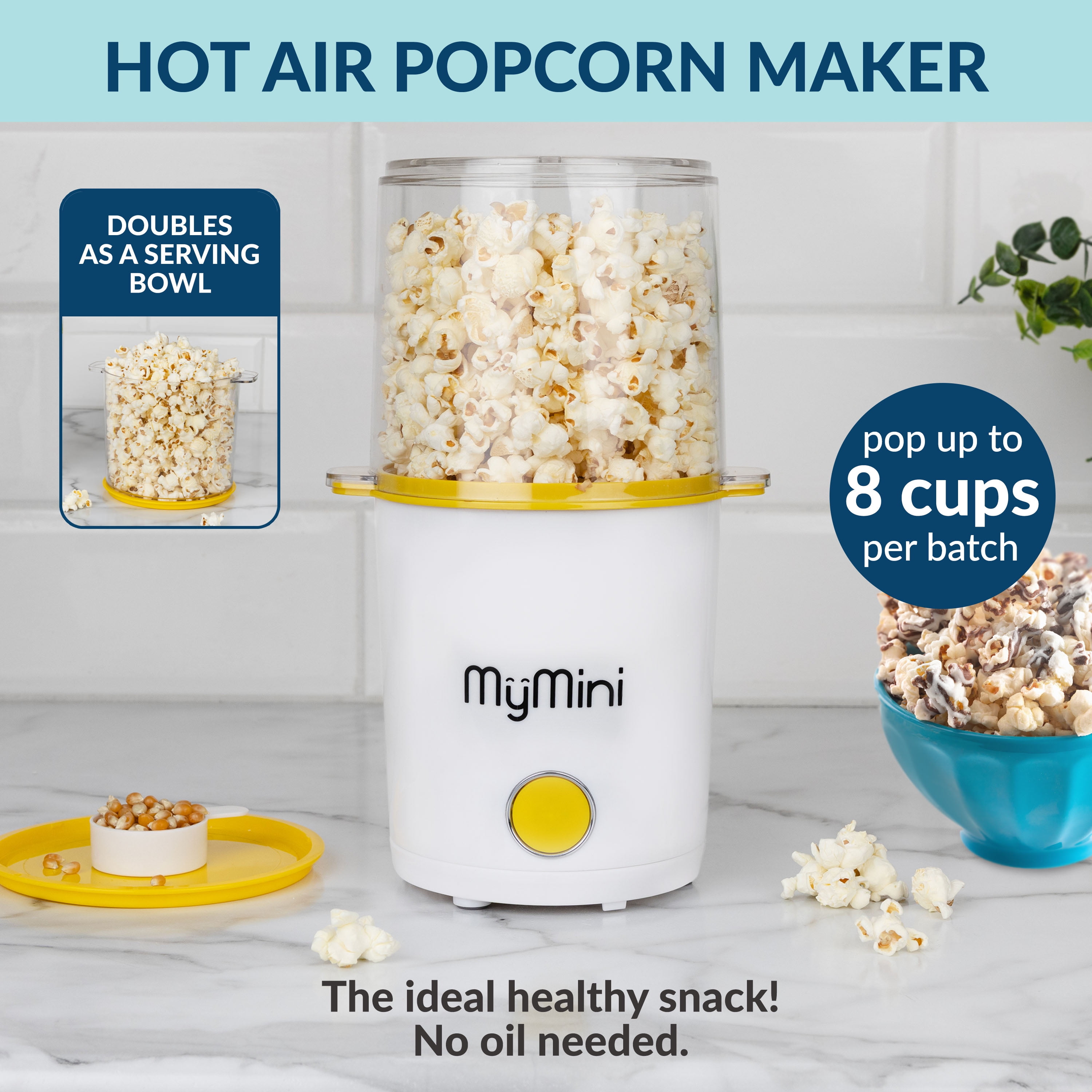 MyMini 8-Cup Hot Air Electric Popcorn Popper and Bowl, 800 Watts, White & Yellow