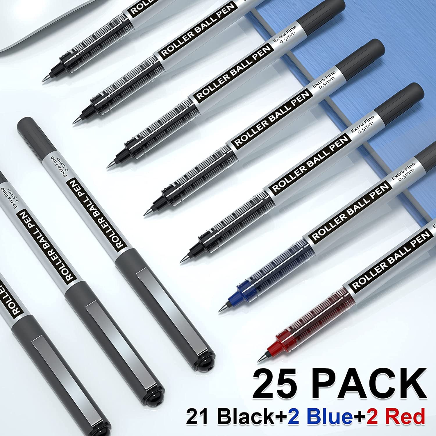 RollerBall Pens, Shuttle Art 25 Pack(21 black 2 blue 2 red) Fine Point Roller Ball Pens, 0.5mm Liquid Ink Pens for Writing Journaling Taking Notes