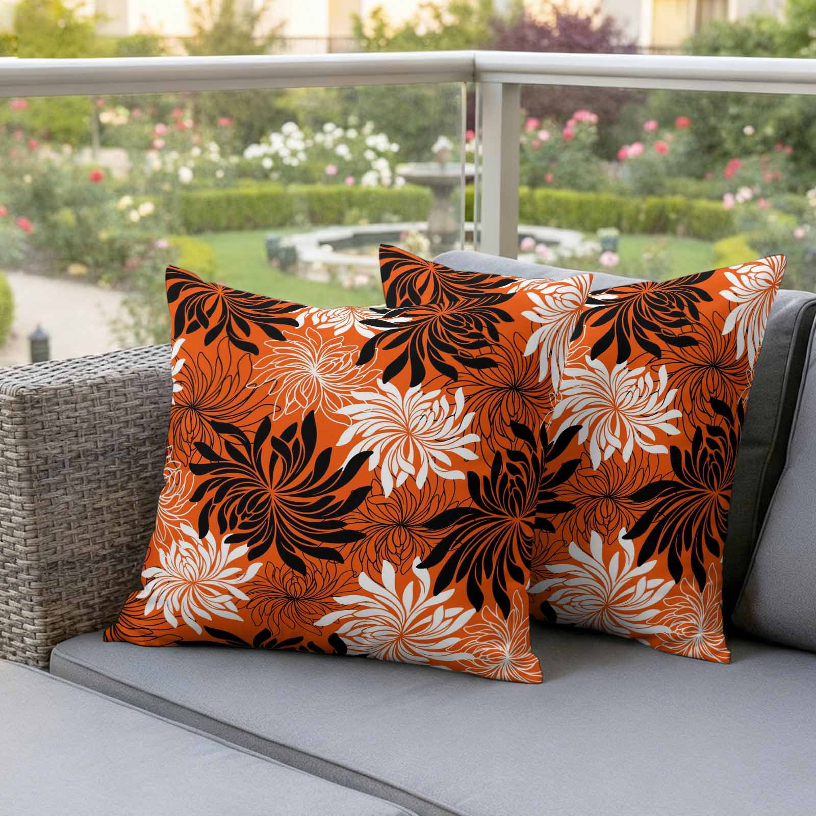 Orange Black Flowers Outdoor Waterproof Throw Pillow Covers 20x20 Set of 2, Modern Abstract Blooms Floral Decorative Pillowcases Cushion Pillowcase for Couch Sofa Patio Outside Pillow Protector
