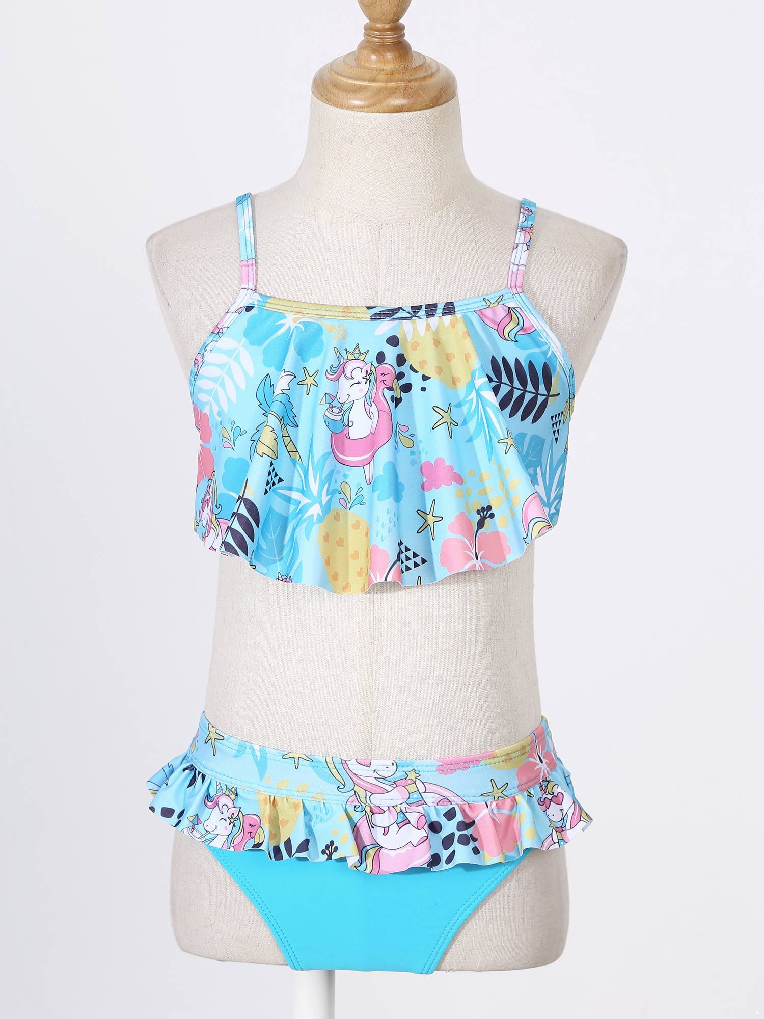 Alvivi Kids Girls 2PCS Tropical Palms Flounce Tankini Swimsuit Criss Cross Back Top with Bottom Set 