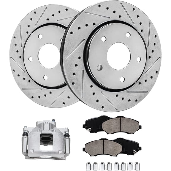 Detroit Axle - Front Brake Kit for Dodge Journey 2009 2010 2011 2012 Drilled & Slotted Disc Brakes Rotors Ceramic Brakes Pads Left Brake Caliper Replacement : 11.89 inch Rotor