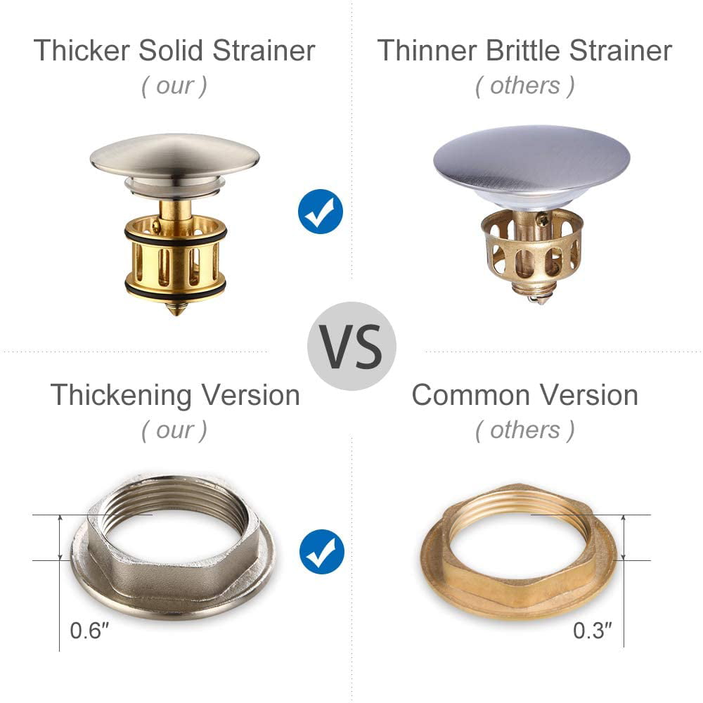 Anti-clogging Pop Up Drain Stopper without Overflow HL8018ABN Brushed Nickel HOMELODY 1 5/8 Vessel Sink Drain with Removable Brass Strainer Basket