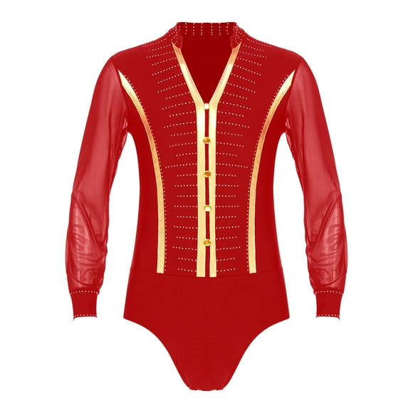 Yeahdor Mens Long Sleeves Metallic Mesh Patchwork Latin Ballroom Tango Dance Leotard Bodysuit Jumper Red XXL