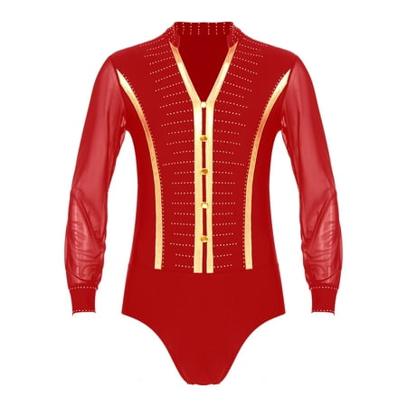 Manyakai Men's Mesh Long Sleeve Rhinestones Bodysuit Ballroom Salsa Samba Latin Dance Leotard Costume Red S