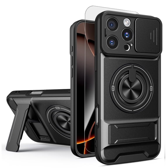 Dteck Magnetic Case with Tempered Glass Screen Protector for iPhone 13 Pro Max,Shockproof TPU PC Slide Lens Protection Case Compatible with Mag Safe Ring Holder Hidden Kickstand Back Cover,Black