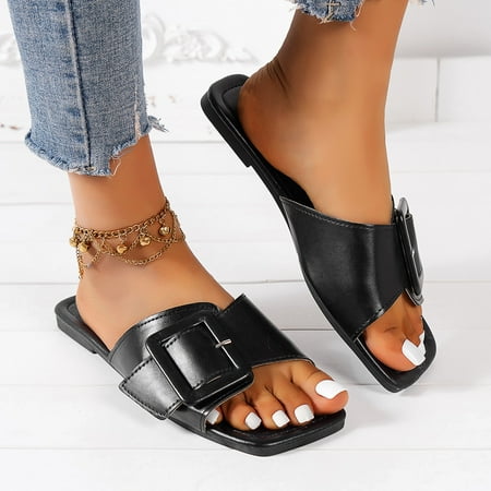 

Aayomet Women s Slippers Fashion Spring And Summer Women Slippers Flat Bottom Buckle Open Toe Breathable Lightweight Comfortable Black 8.5