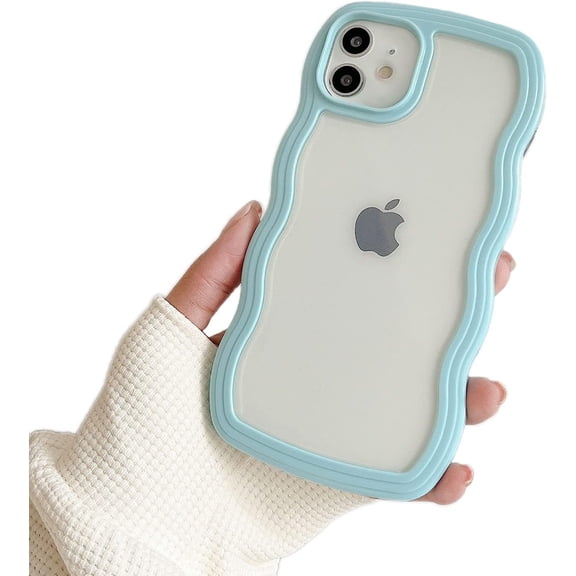 Compatible with Clear iPhone 11 Case Cute Simple Curly Wave Bumper Case Aesthetic Phone Case for Girls Women Soft TPU Protective Phone Cover-Blue
