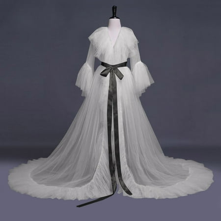 

LBS Women Fashion Tulle Robe Long Lingerie Nightgown Bathrobe Sleepwear Bridal Robe Lace Lingerie