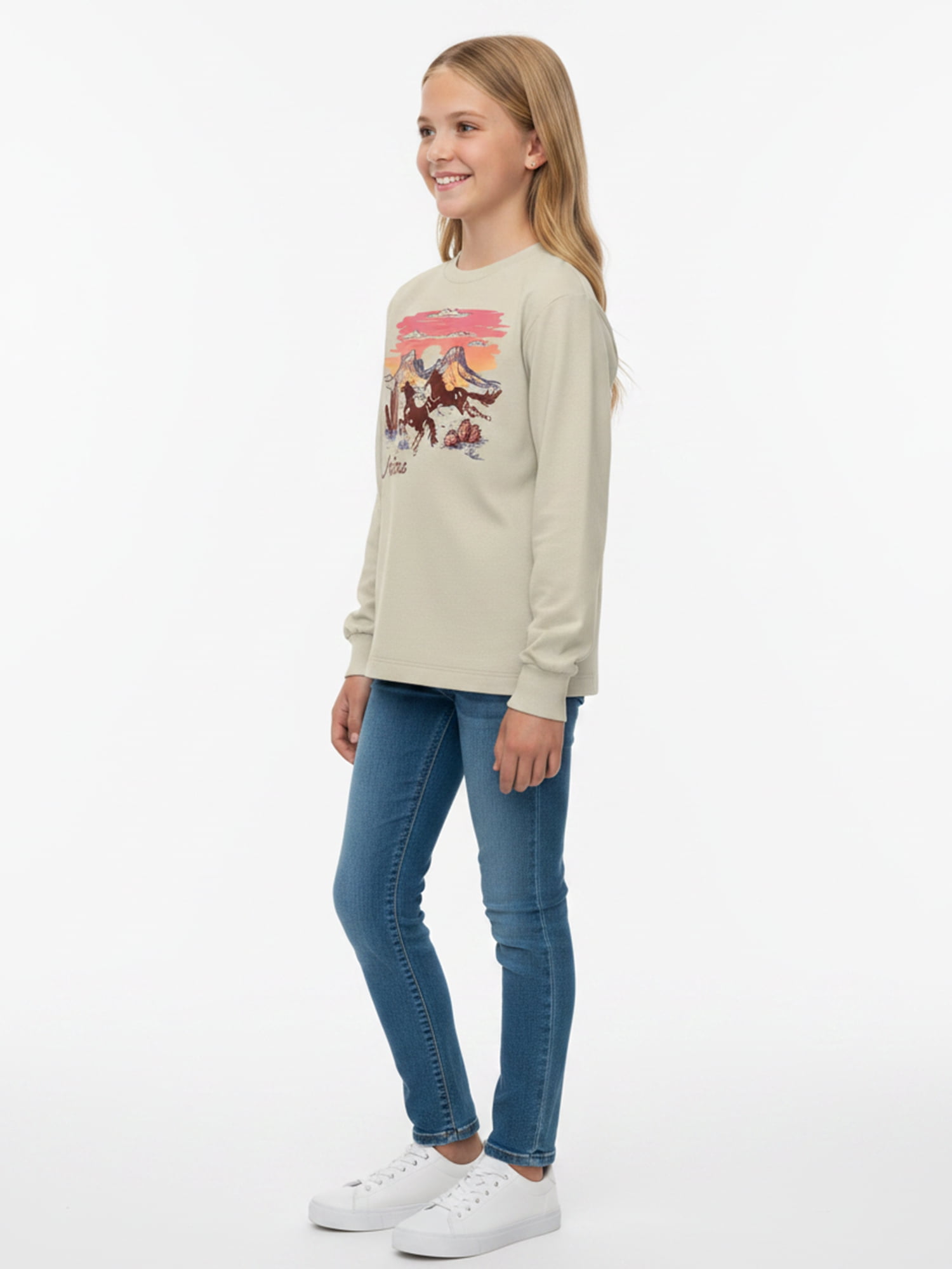 Wonder Nation Girls Graphic Sunset Horses Tee with Long Sleeves, Sizes 4–18