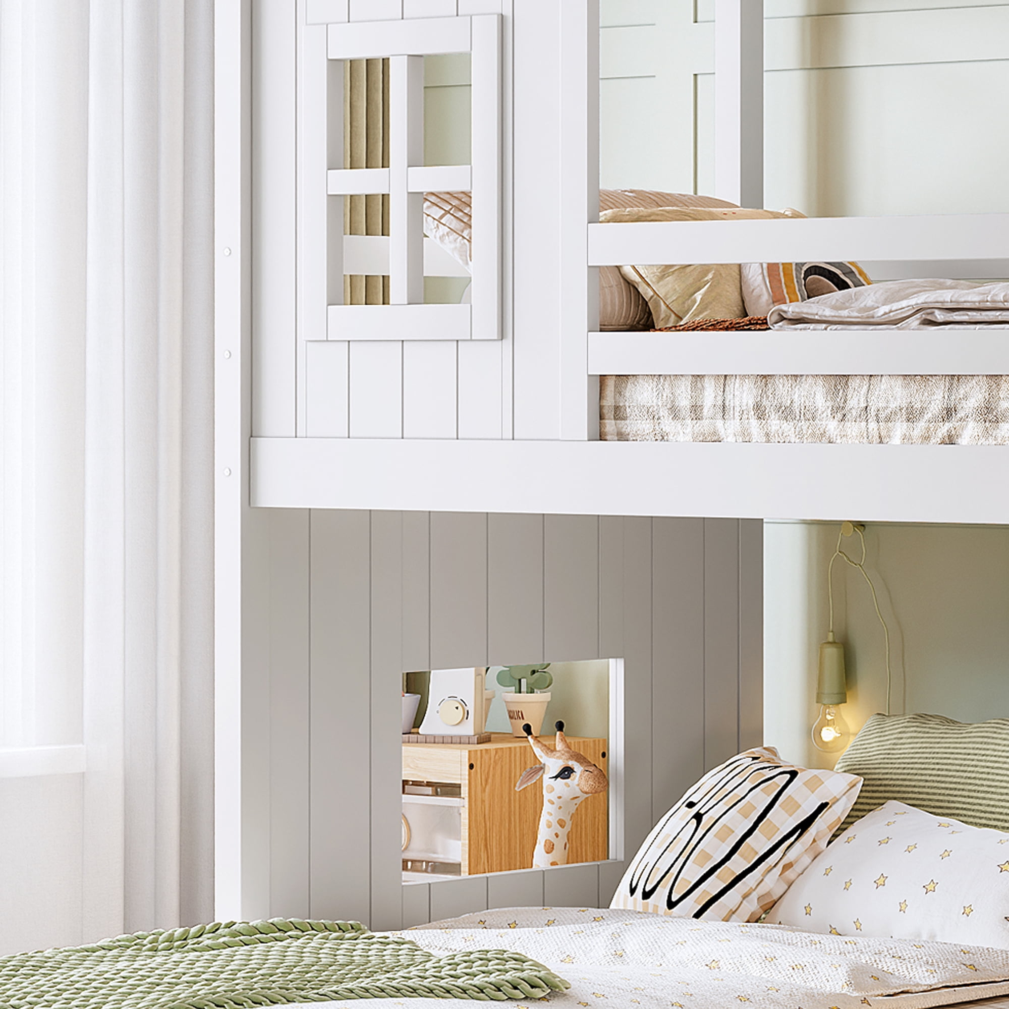 Twin over Full House Bunk Bed with Slide & Ladder, Wood Playhouse Bunk Bed with Storage Shelves & Wardrobe, Floor Bunk Bed for All Ages, White
