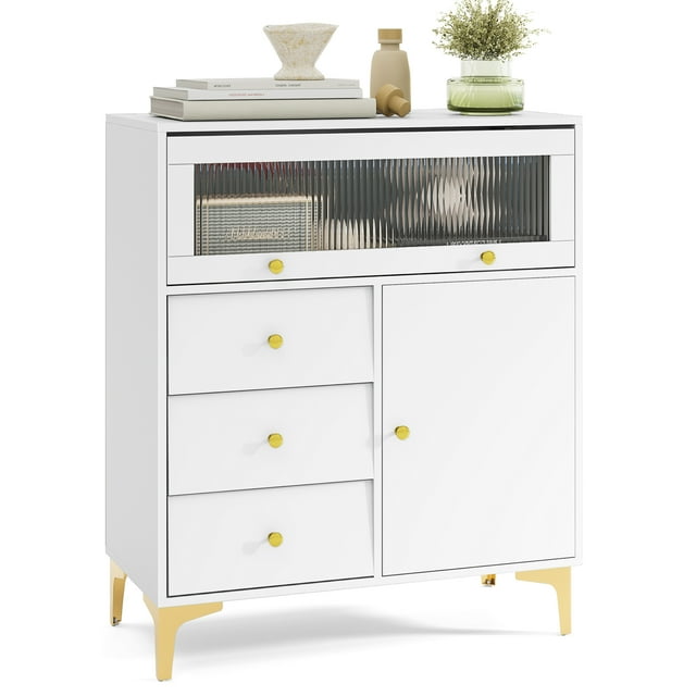 Gymax Commode Haute de 37,5 Po avec Portes Rabattables en Verre Cannelé, 2 Armoires