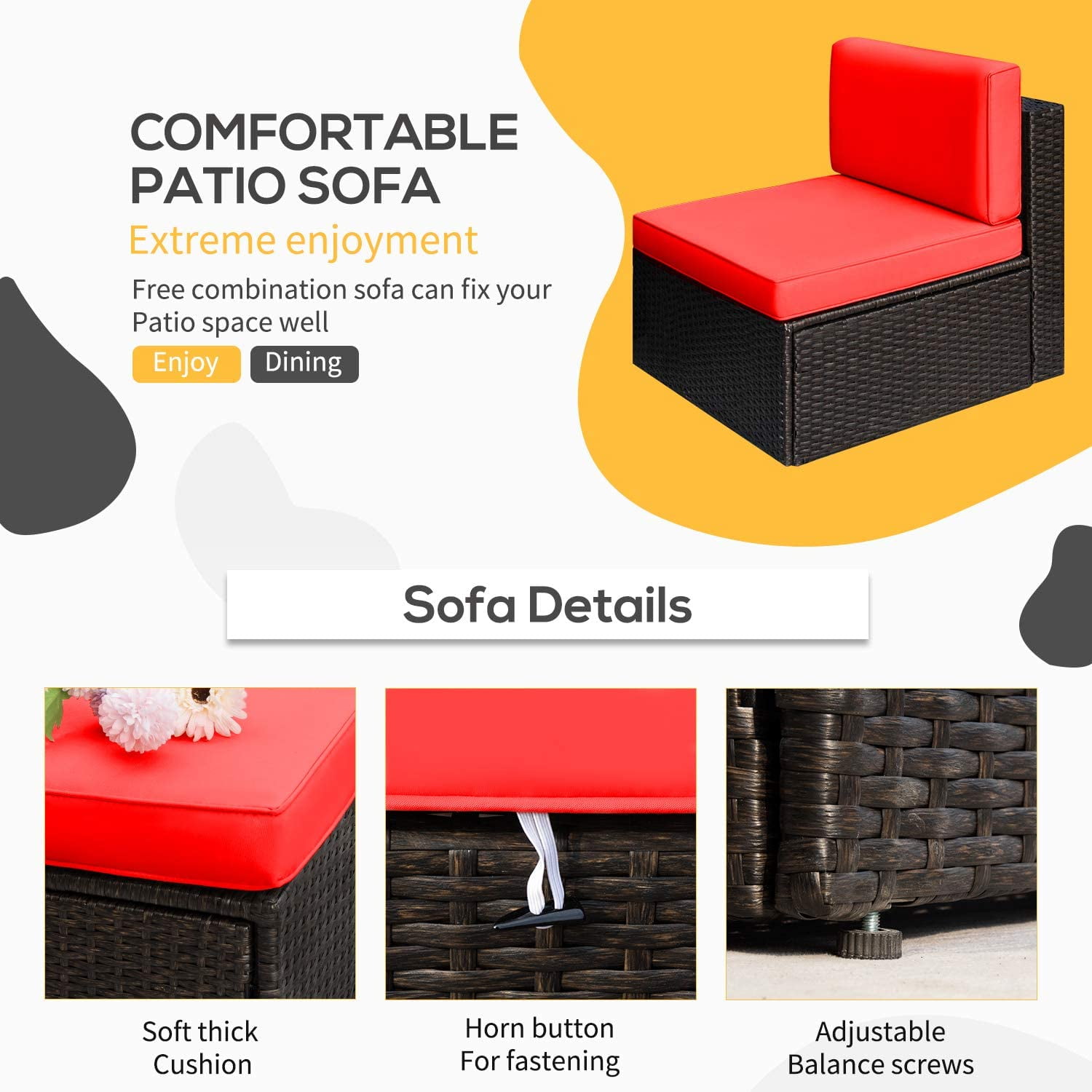 Vineego 5 Pieces Patio Dining Sets Outdoor Conversation Sets Wicker Patio Sectional Sofa with Tempered Glass Table(Red)