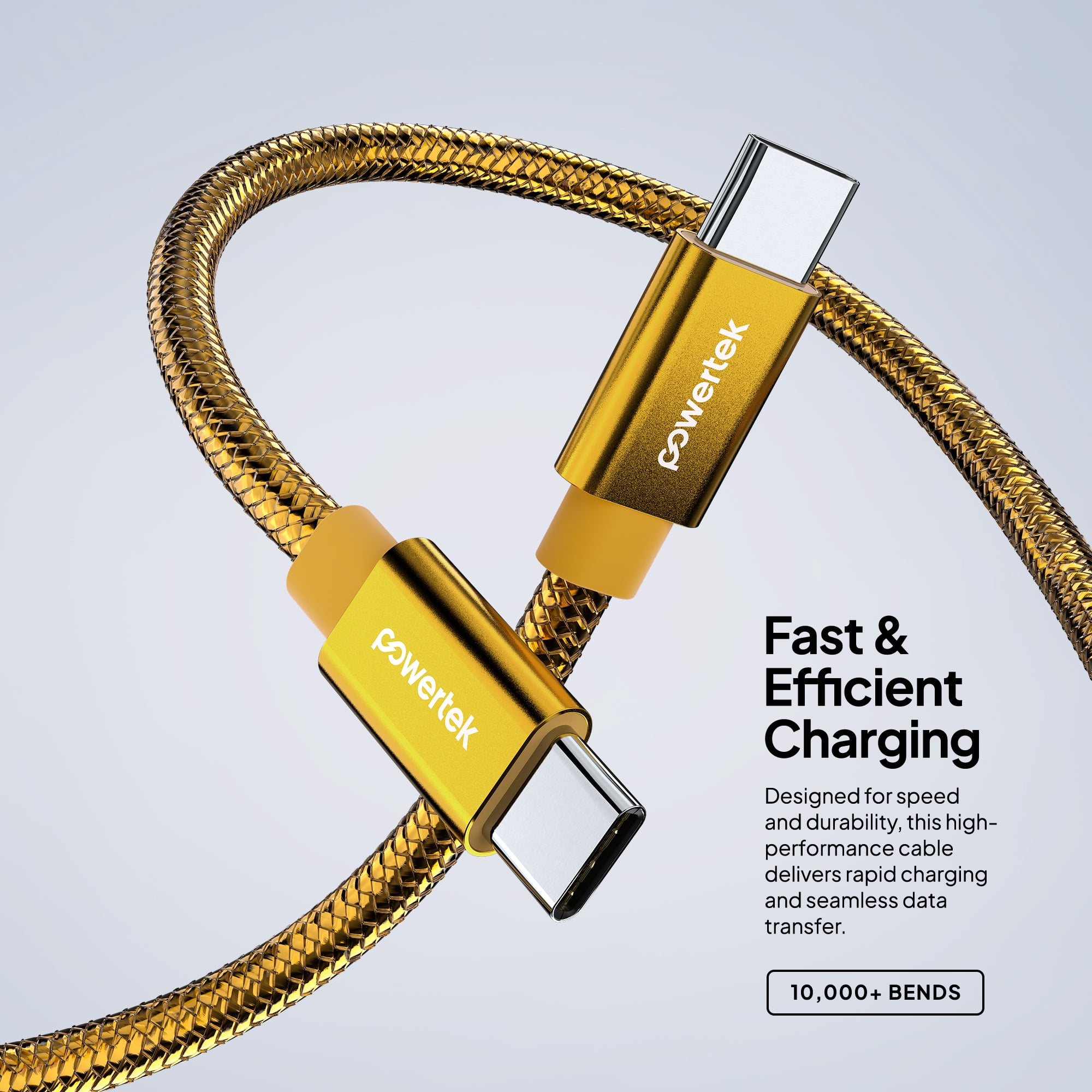 Powertek Luxe 6ft USB-C to USB-C Cable, Gold, Fast Charge & Sync, Metallic Mesh PVC Jacket, Durable Tangle-Free Design