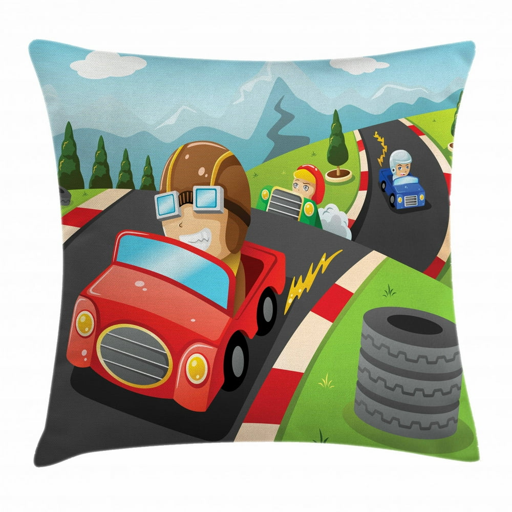 Kids Sports Throw Pillow Cushion Cover, Auto Racing Boys on Highway
