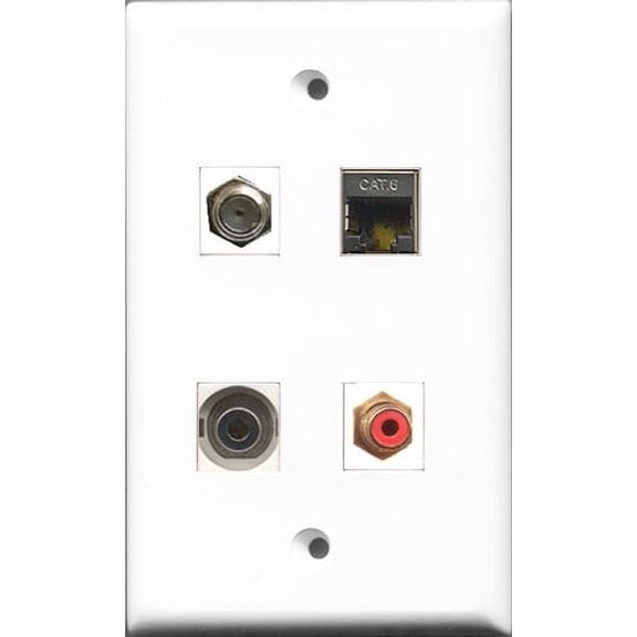 RiteAV 1 Port RCA Red and 1 Port Coax Cable TV- F-Type and 1 Port Shielded Cat6 Ethernet and 1 Port 3.5mm Wall Plate
