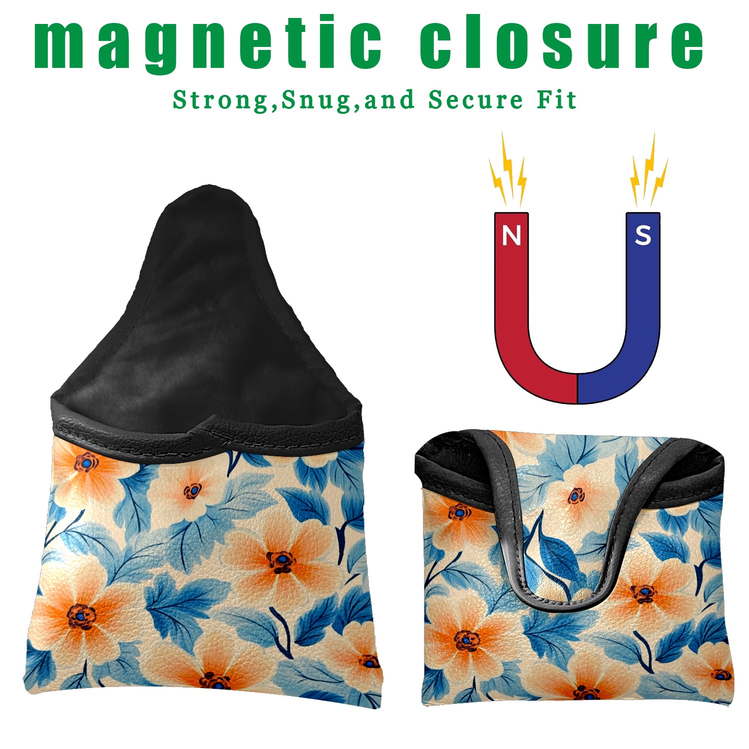 Golf Mallet Putter Cover Premium Leather Waterproof Golf Putter Head Cover with Magnetic Closure Peach and Blue Florals