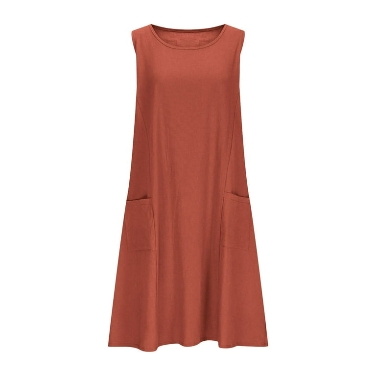 Zquuvou Women's Summer Dress Solid Color Cotton Linen Knee-Length Tank Dress With Pockets A-Orange,XL