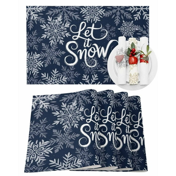 Christmas Placemats Set of 4, Winter Snowflake Place Mats Navy Blue Snow Placemat Table Decoration for Kitchen Table Dinner Xmas Holiday Party Home Decor Indoor Outdoor 13x19 Inch