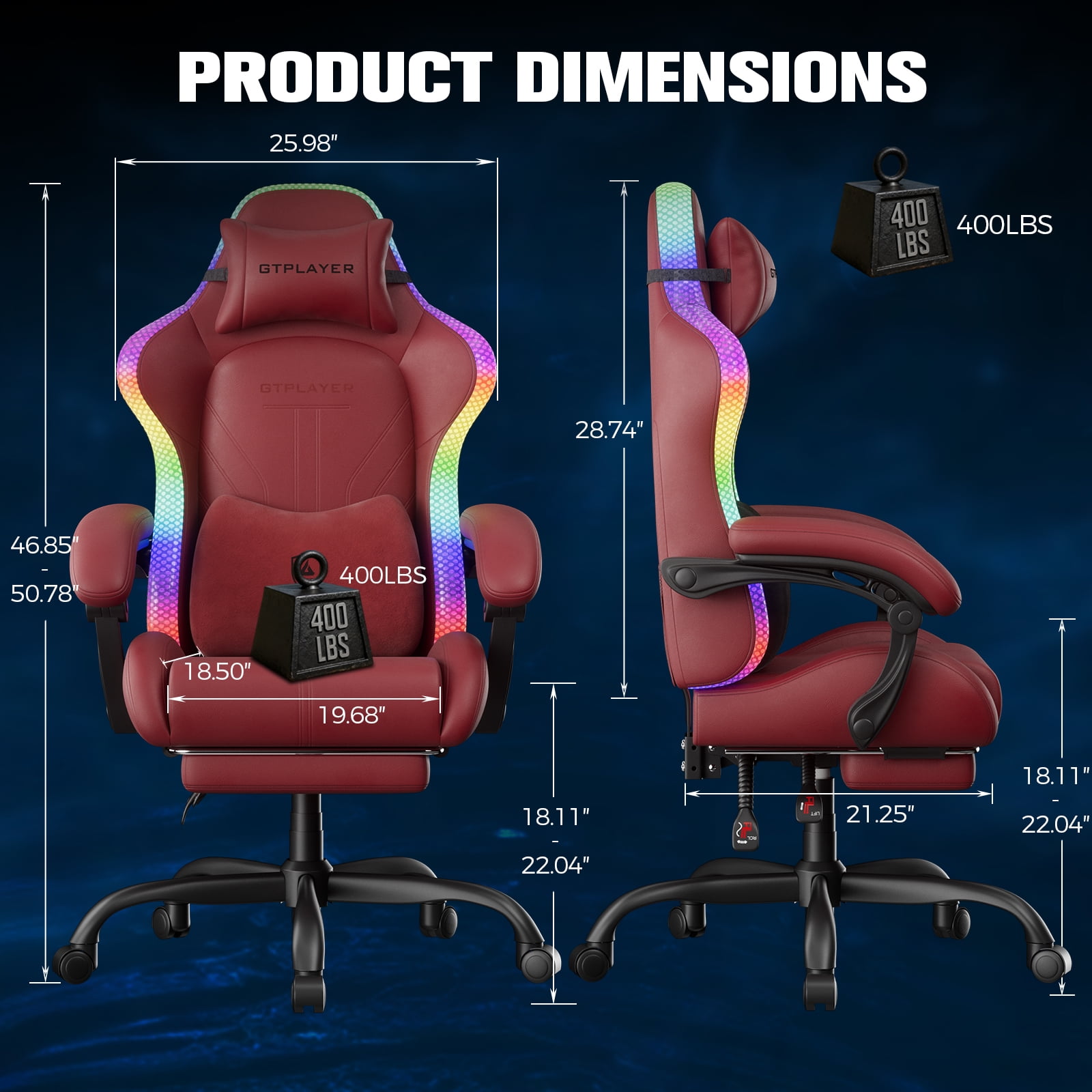 GTPLAYER RGB Gaming Chair with Timed LED Lights, 400LBS Capacity Gaming Office Chair with Reclining Backrest & Retractable Footrest for Gaming & Office, Red