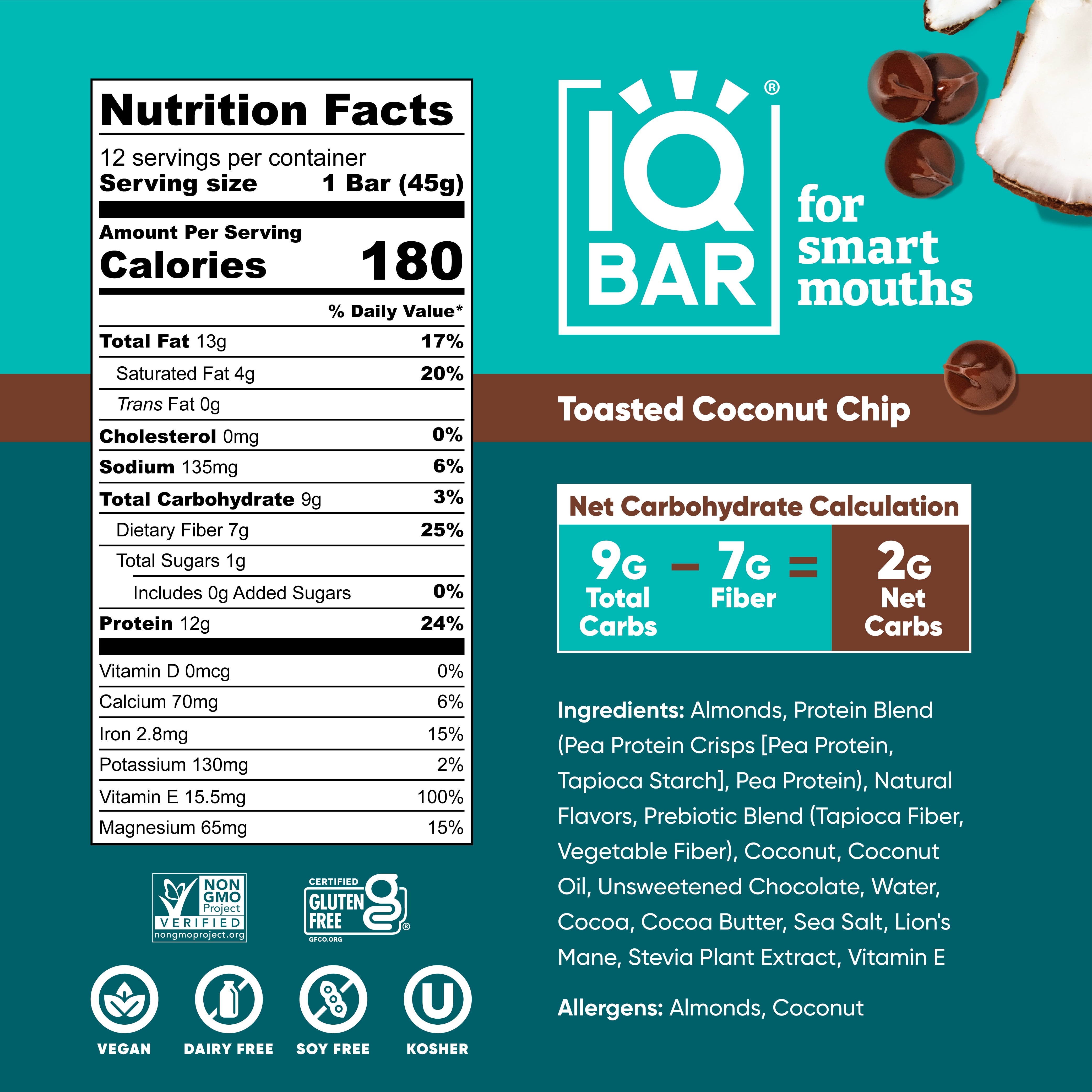 IQBAR Clean Plant Protein Bars - Toasted Coconut Chip - 12 Count - Keto, Vegan, High Fiber, Gluten and Dairy Free, Low Sugar Snack