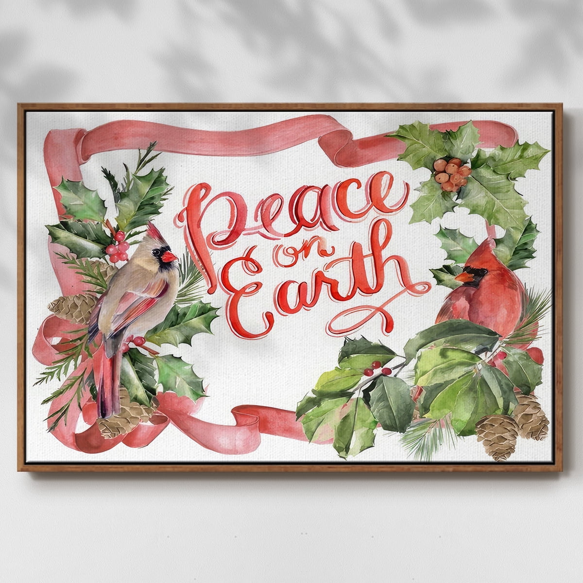 Cardinal Holly Christmas Collection A - Framed Gallery Wrapped Holiday Canvas - 27 x 41 - Rosewood Frame