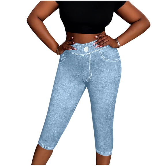 Gfyviroh Women's Stretchy Capri Pants Slim-Leg Solid Faux Denim Pants Comfortable Summer Casual Cropped Pants