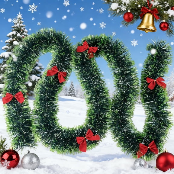 Christmas Decorations Green Tinsel Garland With Red Bow 6.56ft Metallic Twist Garland Shiny Hanging Christmas Ornaments for Christmas Tree Decorations Home Indoor Outdoor Party Supplies Decor