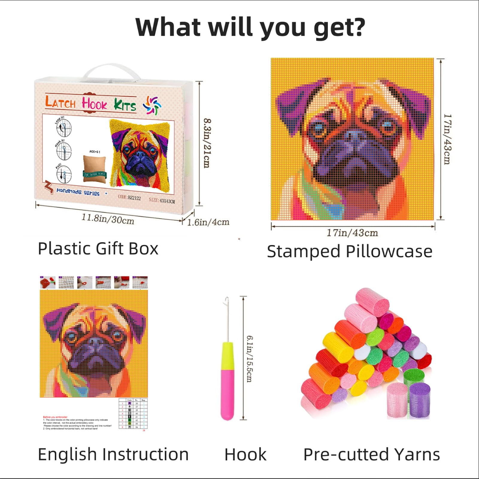 Pug Dog Colored DIY Latch Hook Pillow Kits for Adults Printed Pillowcase Crochet Yarns Hooking Handmade Pillow Cover Cushion for Home Sofa Decoration 17x17inch