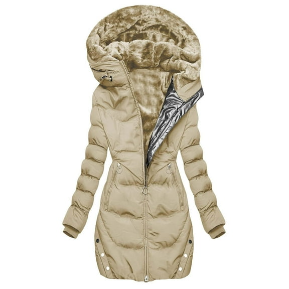 Women's Mid-Length Hooded Cotton Jacket, Fleece Lined Thickened Winter Coat with Full Zip, Warm Quilted Outerwear, Knee-Length Puffer Style Parka for Women, Comfortable Casual Long Coat Beige L
