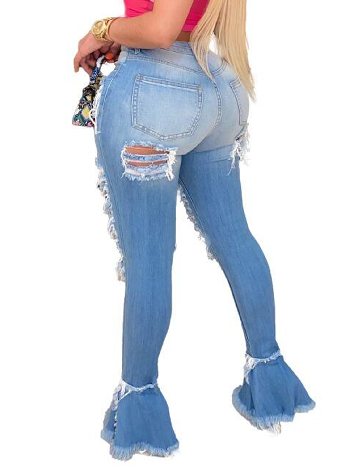 Women Casual Denim Jeans Pants Ladies Mid Waist Ripped Bell Bottom Jegging Trouser Pants Jeans with Hole - image 3 of 3
