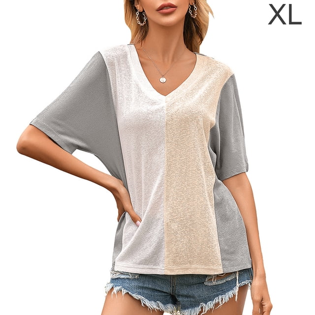 Camiseta de mujer de manga corta con cuello en V, color block, camiseta holgada de verano, gris, XL Kearding AP001239-12