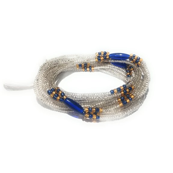 Multi-Strand 3-in-1 Style African Waist Beads Tie-On Strand, 42 Inches of Beads Clear Glass Belly Beads with Dark Blue Accent Beads