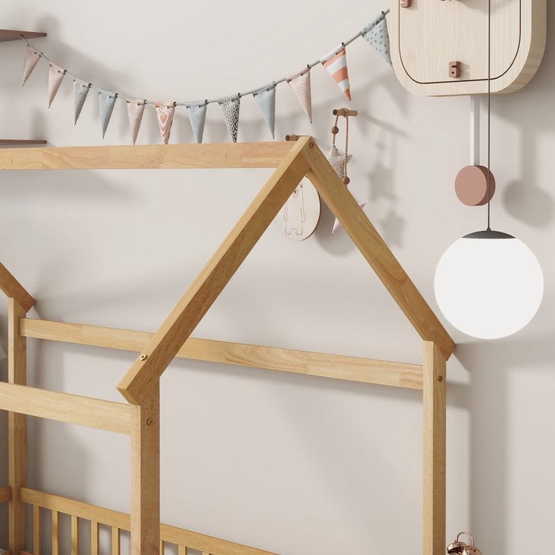 Twin Size House Floor Bed Frame,Wooden Montessori Floor Bed with Fence ,, Natural