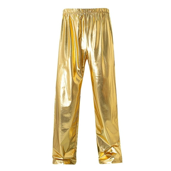 LNWUY Mens Metallic Pants Solid Color Elastic Waist Open Bottoms Sparkling Straight Trousers 70s Disco Outfits Party Clothes Gold XXXL