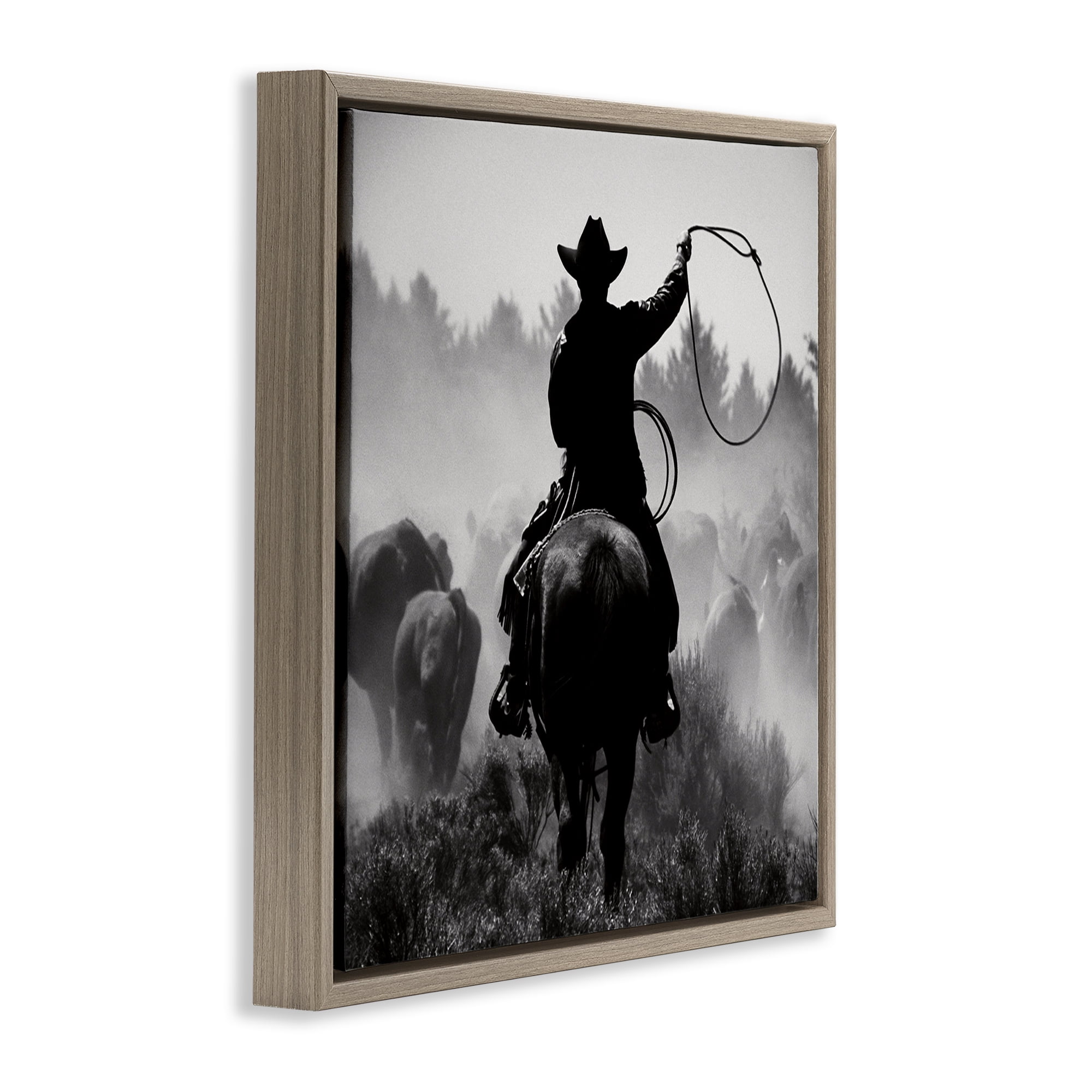 Stupell Industries Cowboy Swinging Lasso People Photography Brown Floater Framed Canvas Art Print Wall Art, 25 x 25