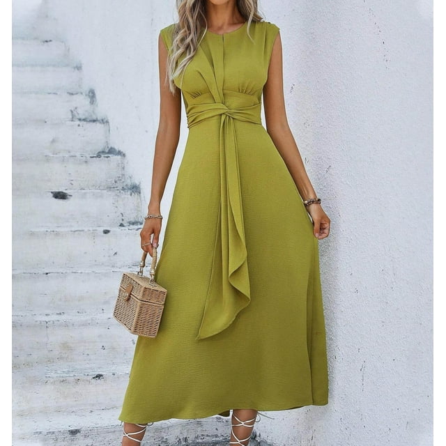 LOVZFMLL Robes Mode Femme Couleur Unie Manches Courtes Col Rond Taille Ajustée Robes