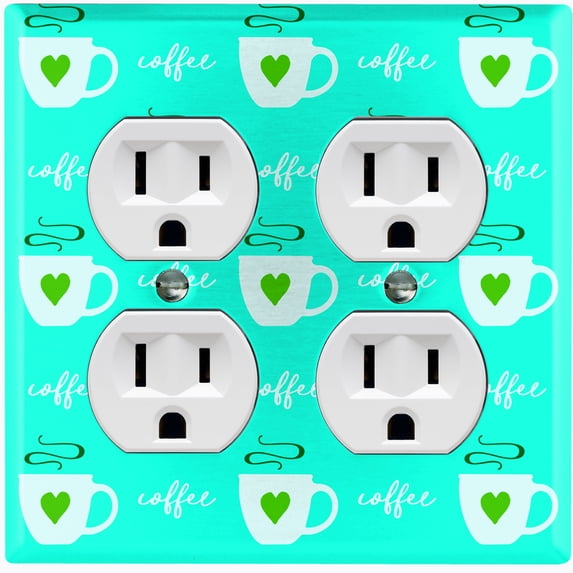 Metal Light Switch Wall Plate Outlet Cover (Coffee Espresso Mocha Cup Green Heart Teal - Double Duplex)