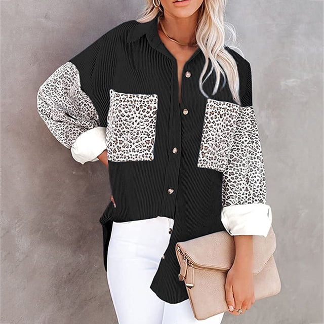 Leopard Women's Pockets Splicing Buttons Long Sleeve Tops Outwear Turn-down Collar Jacket Coat