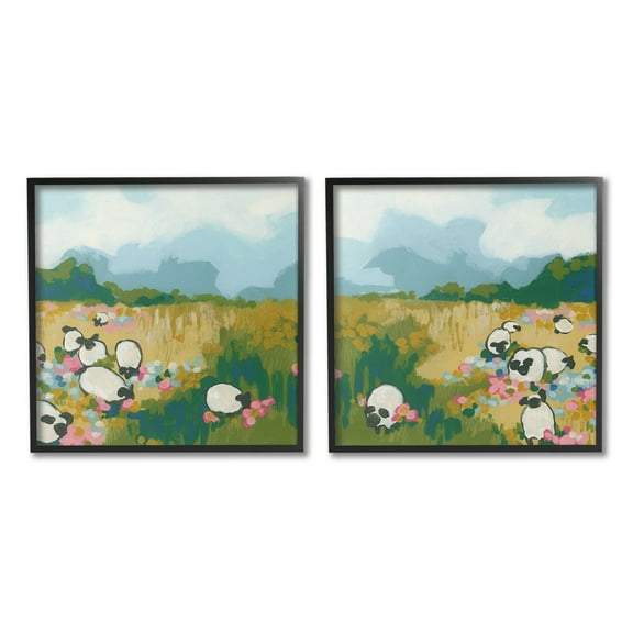 Stupell Industries Scattered Sheep in Field Landscape Painting Black Framed Art Print Wall Art, 12 x 12, Set of 2
